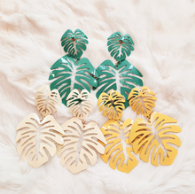 Load image into Gallery viewer, Monstera Drop Earrings in Yellow
